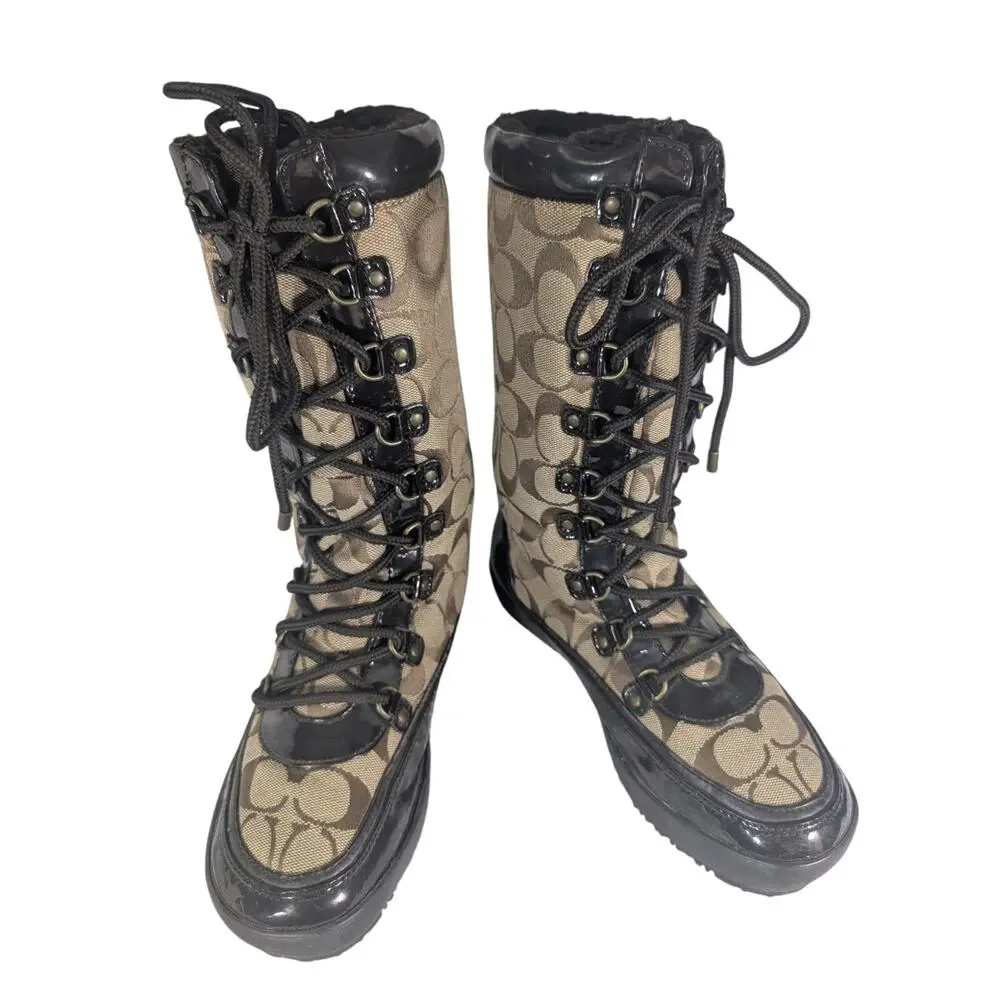 COACH! BROWN MONOGRAM & PATENT LEATHER INSULATED LACE UP WINTER BOOTS! SZ 6.5M